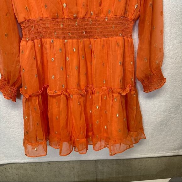 NSR Peach & Gold Metallic Dot Ruffle Long Sleeve Peasant Dress Size L - Picture 5 of 10